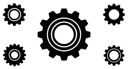 Black gear icon on white background for engineering and technology concepts
