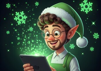 A cheerful animated character wearing a green Santa hat and glasses, using a tablet with glowing green snowflakes in the background