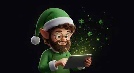 A cheerful animated character wearing a green Santa hat and glasses, using a tablet with glowing green snowflakes in the background