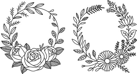 Two floral wreaths with roses and daisies frame border