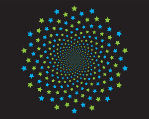 Colorful spiral star pattern with blue and green stars on black background – abstract geometric optical illusion design for backgrounds, wallpapers, digital art, and psychedelic visuals

