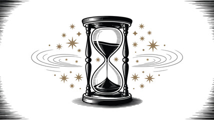 An hourglass illustration with flowing sand and star accents evokes themes of time, deadlines, and the fleeting nature of moments, perfect for conceptual designs.