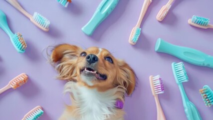 A dog sitting among toothbrushes, suitable for dentist or oral health themed projects