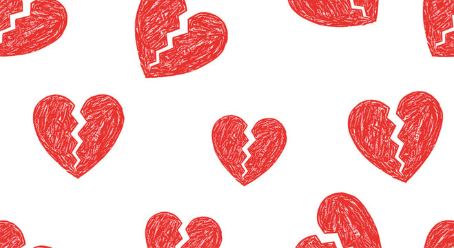 Seamless pattern of textured red broken hearts scattered across a clean white background capturing the essence of heartbreak and lost love