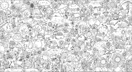 Whimsical Forest Wonderland: Intricate Black and White Coloring Page with Detailed Doodle Art, Smiling Creatures, Cute Animals, and Lush Nature Scenes for Relaxation.