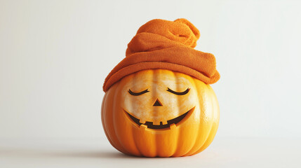 Smiling Halloween pumpkin wearing an orange knitted hat, showcasing a cheerful expression, placed against a light background, embodying the festive spirit of the Halloween season with playful charm