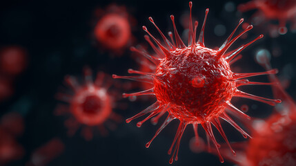 Close-up view of a virus structure, showcasing intricate details and vibrant red color, surrounded by blurred particles, illustrating the complexity of viral biology and its impact on health