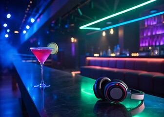 A vibrant cocktail and headphones sit on a bar counter in a modern nightclub, illuminated by colorful neon lights, creating a lively and stylish atmosphere for a night of music and drinks