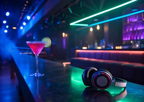 A vibrant cocktail and headphones sit on a bar counter in a modern nightclub, illuminated by colorful neon lights, creating a lively and stylish atmosphere for a night of music and drinks