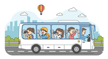 Children enjoying sightseeing trip on a tourist bus exploring city attractions with hot air balloon overhead