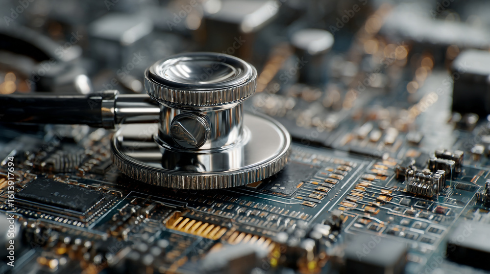 Poster stethoscope resting on a computer motherboard showcasing hardware diagnostics and system health chec