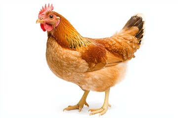 Fototapeta premium Close-Up of a Charming Brown Hen Standing on White Background with Beautiful Feathers and Bright Eyes Showcasing the Beauty of Farm Life