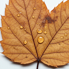 Fototapeta premium Autumn Leaf Decay: Photorealistic Close-Up with Dew Drops on White.