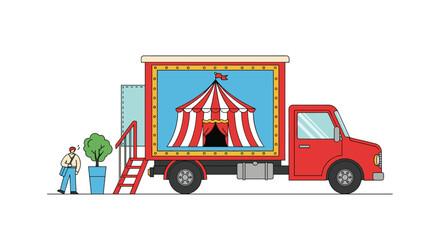 A colorful truck displays a vibrant circus tent on its digital screen promoting outdoor entertainment events
