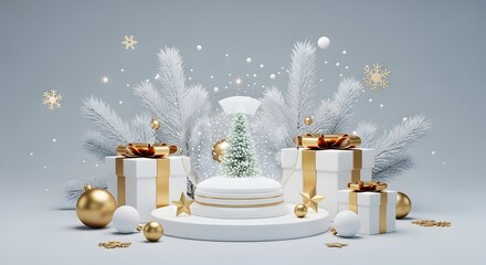 3d render. Winter holiday wallpaper. Festive white and gold Christmas ornaments and baubles. Empty glass snow ball isolated on white background
