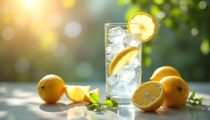 A vibrant image of a glass of lemonade, lemons, and ice on a sunny day.