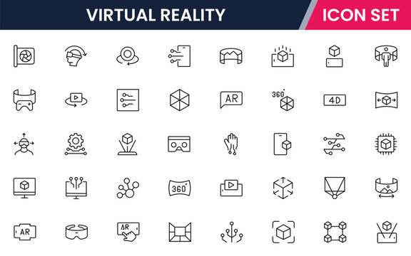 AR and VR vector line icons featuring headsets, 3D visuals, immersive experiences, controllers, simulations, digital environments, interaction, and virtual technology.