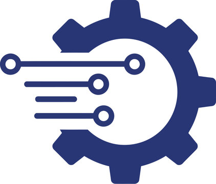 A blue gear icon with three horizontal lines emanating from it, each ending in a circle, suggesting speed and technological advancement.