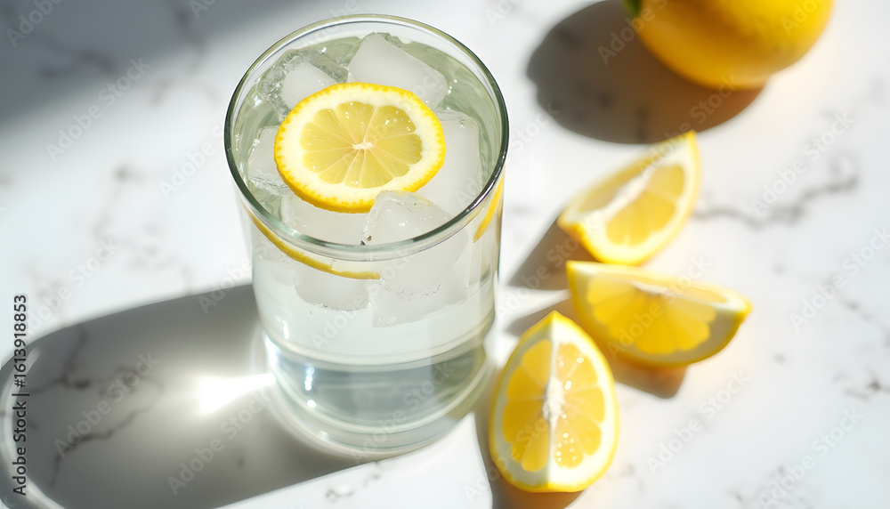 Poster lemonade with ice and lemon slices on a marble surface with sunlight.