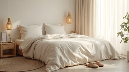 Realistic Minimalist Bedroom for Newlywed Couple with Warm Natural Lighting