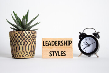 Leadership Styles symbol. Concept word Leadership Styles on wooden blocks. Beautiful white background with alarm clock and succulent plant. Business and Leadership Styles concept. Copy space