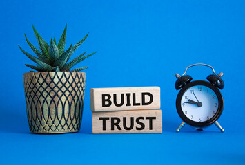 Build trust symbol. Wooden blocks with words Build trust. Beautiful blue background with alarm clock and succulent plant. Business and Build trust concept. Copy space.