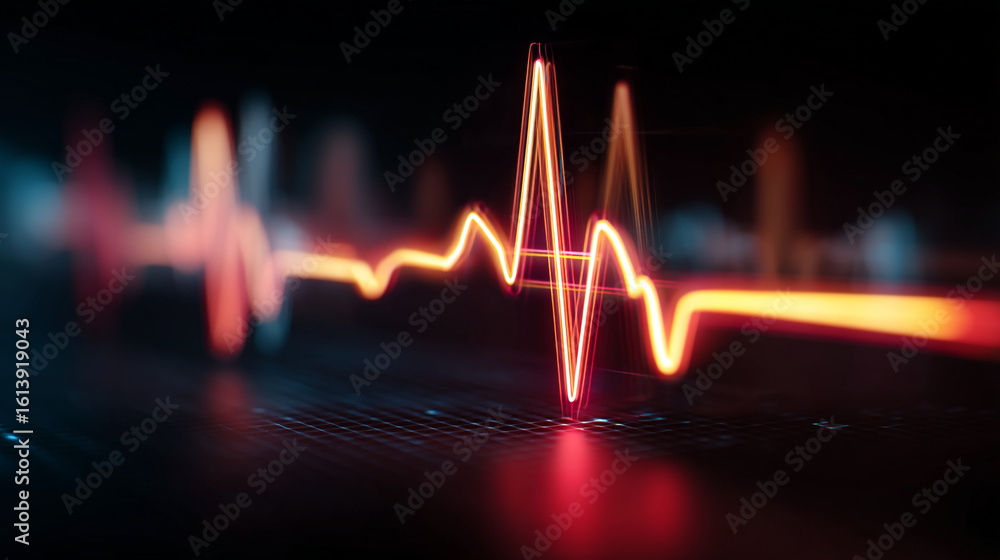 Poster a glowing red heartbeat line graph with a dark background and a reflective surface underneath it