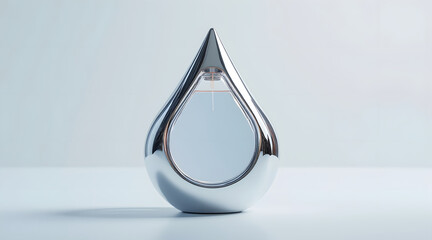 Futuristic metallic silver perfume bottle shaped like teardrop with sleek reflective surface and modern design on light background