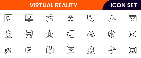 AR and VR vector line icons featuring headsets, 3D visuals, immersive experiences, controllers, simulations, digital environments, interaction, and virtual technology.