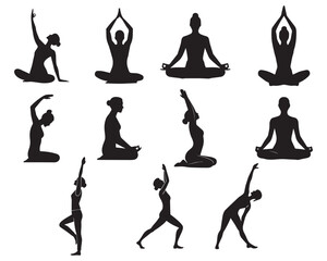 Yoga Silhouette Icon Set – Women Performing Meditation and Yoga Poses in Black Vector Style

