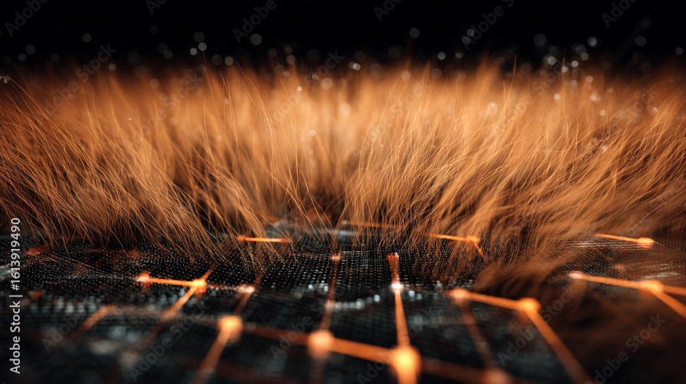 Poster abstract rendering of golden fibers above a dark circuit board with glowing orange connections