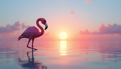 Fototapeta premium A low-poly flamingo enjoying the sunset over the calm ocean.
