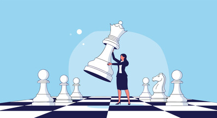 Businesswoman dominating the chessboard strategically making winning moves with the queen piece