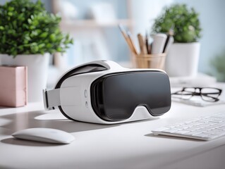 White VR headset and tech accessories on a bright white desk with plants in the background