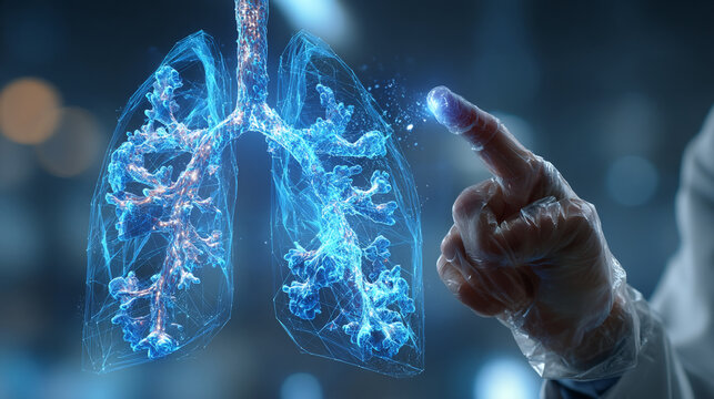 A doctor touches a holographic image of lungs in a futuristic medical environment setting