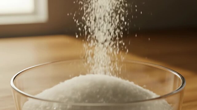 A cascade of sugar crystals pours into a glass bowl, creating a sweet and enticing scene, perfect for illustrating baking, desserts, or the concept of sweetness cinematic broll