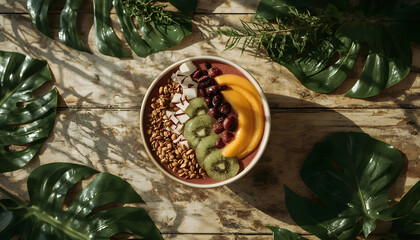 a bowl of smoothies with fruit toppings