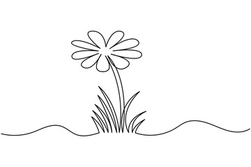 Continuous one line drawing of abstract meadow with grass and chamomile flower on white background