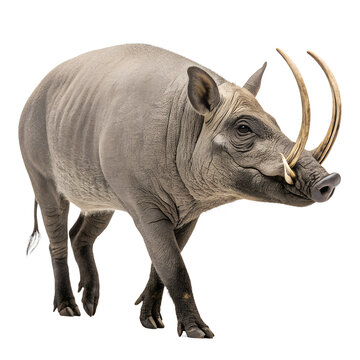 A wild babirusa walks gracefully. It has a grayish body, long tusks, and a distinctive snout. The background is plain black, emphasizing the animal's features.