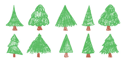 Set of Christmas tree doodles in pastel charcoal style. Hand-drawn by children on white blackboard using green wax and squiggle lines. Vector Xmas elements collection for school, kindergarten designs