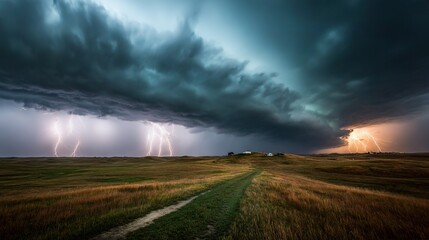 A dirt road dominates the foreground while a massive cloud engulfs the background, illuminated by bolts of lightning