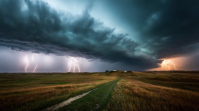  A dirt road dominates the foreground while a massive cloud engulfs the background, illuminated by bolts of lightning - Powered by Adobe