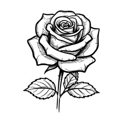 Single rose in black sketchy doodle style, isolated on transparent or white background, vector illustration.