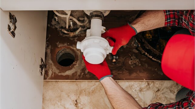 Male plumber wearing red gloves is repairing a sink drain under a kitchen countertop, showcasing plumbing skills and tools in a domestic environment with visible plumbing elements
