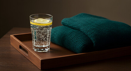 Glass of sparkling water with lemon beside folded teal towel on tray  