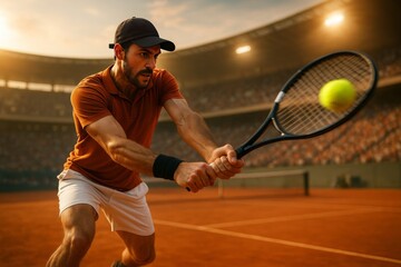 Athletic man in mid swing hitting a tennis ball on a clay court stadium during sunset