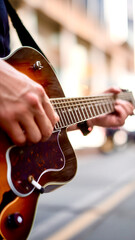 Close-up of guitarist’s hands playing electric guitar outdoors – music, performance, great for street photography use