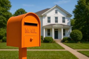 Bright orange mailbox stands in front of a suburban home on a sunny day