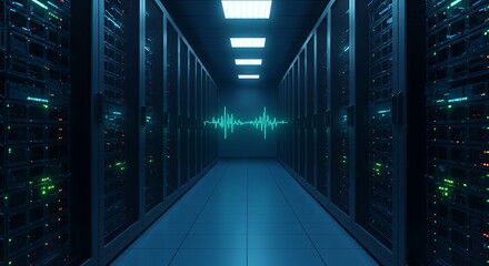 Data Center Corridor with Soundwave Visualization and Server Racks