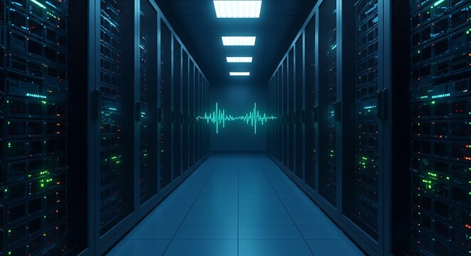 Data Center Corridor with Soundwave Visualization and Server Racks - Powered by Adobe
